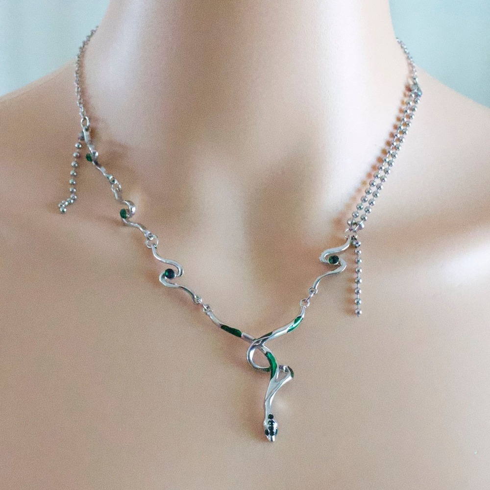 Silver Tone Green Enamel Snake Necklace Rhinestone Serpent Statement Jewelry